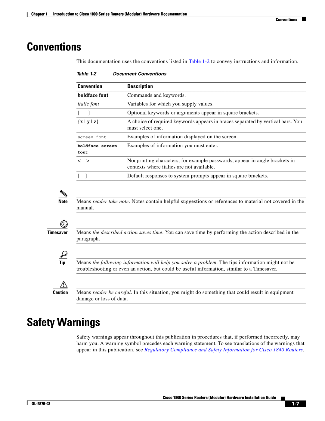 Cisco Systems CISCO1841-HSEC/K9-RF manual Conventions, Safety Warnings, boldface font, italic font 