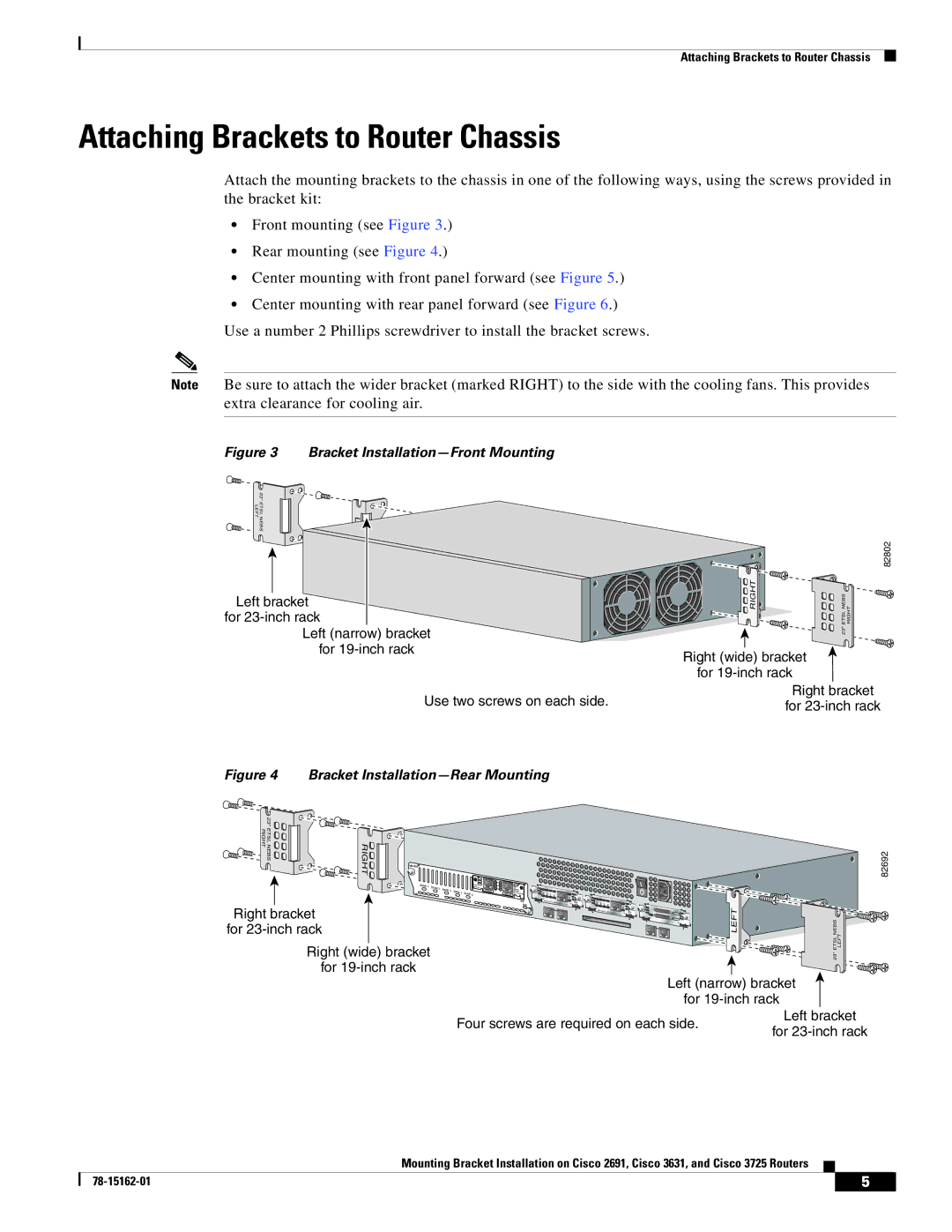 Cisco Systems CISCO3725, CISCO2691 manual Attaching Brackets to Router Chassis, Bracket Installation-Front Mounting 