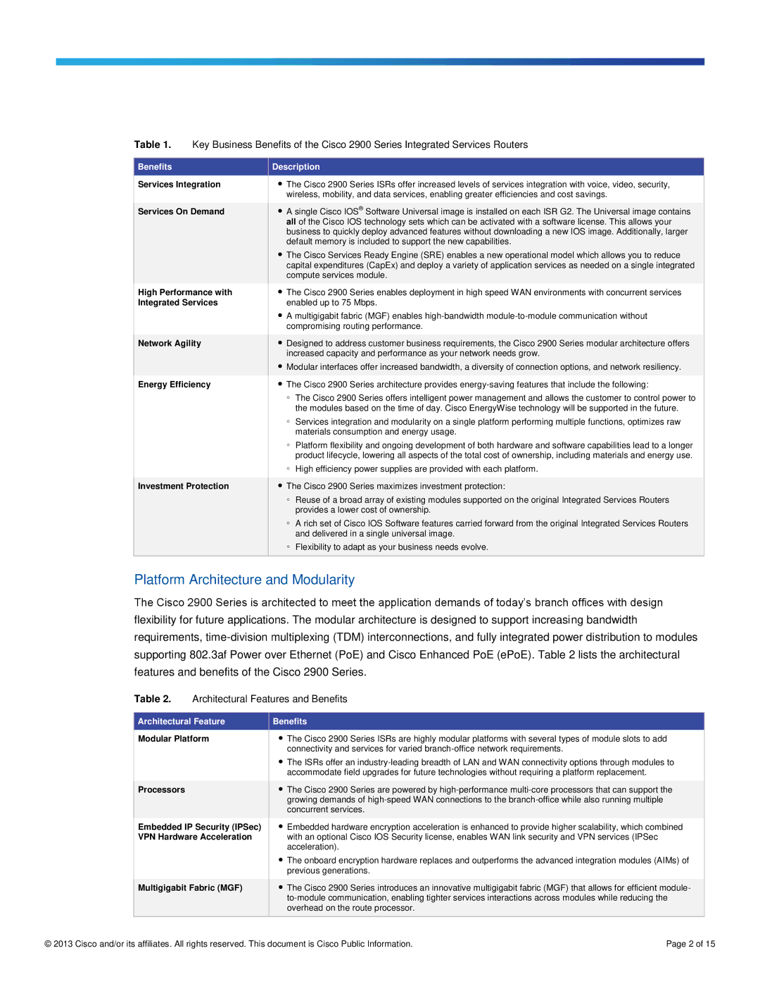 Cisco Systems CISCO2901VK9 Platform Architecture and Modularity, Architectural Features and Benefits, Benefits Description 