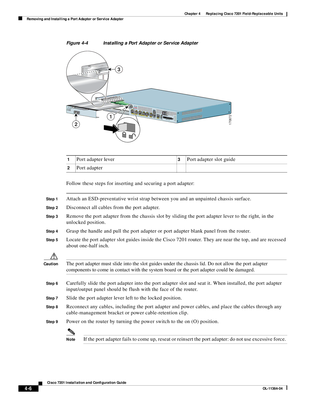 Cisco Systems CISCO7201 manual Slide the port adapter lever left to the locked position 