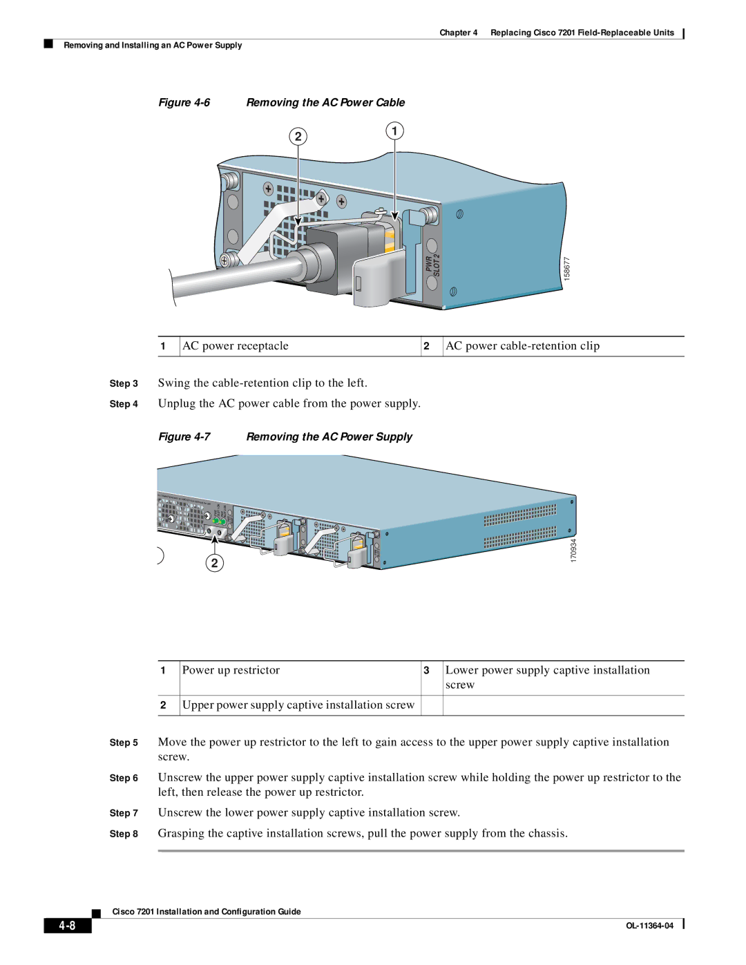 Cisco Systems CISCO7201 manual Removing the AC Power Cable 