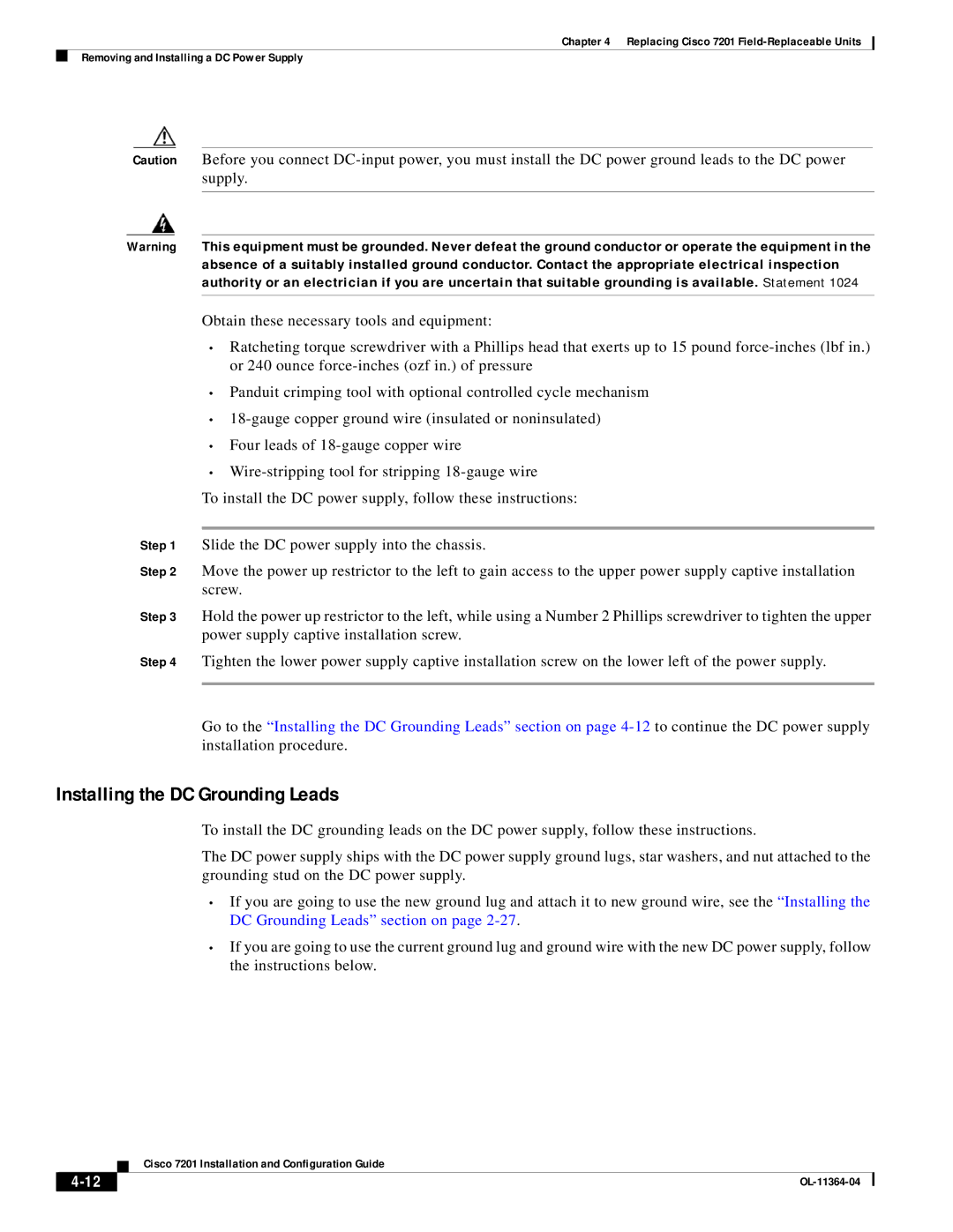 Cisco Systems CISCO7201 manual Installing the DC Grounding Leads 