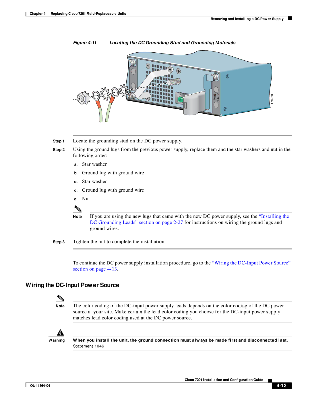 Cisco Systems CISCO7201 manual Locating the DC Grounding Stud and Grounding Materials 