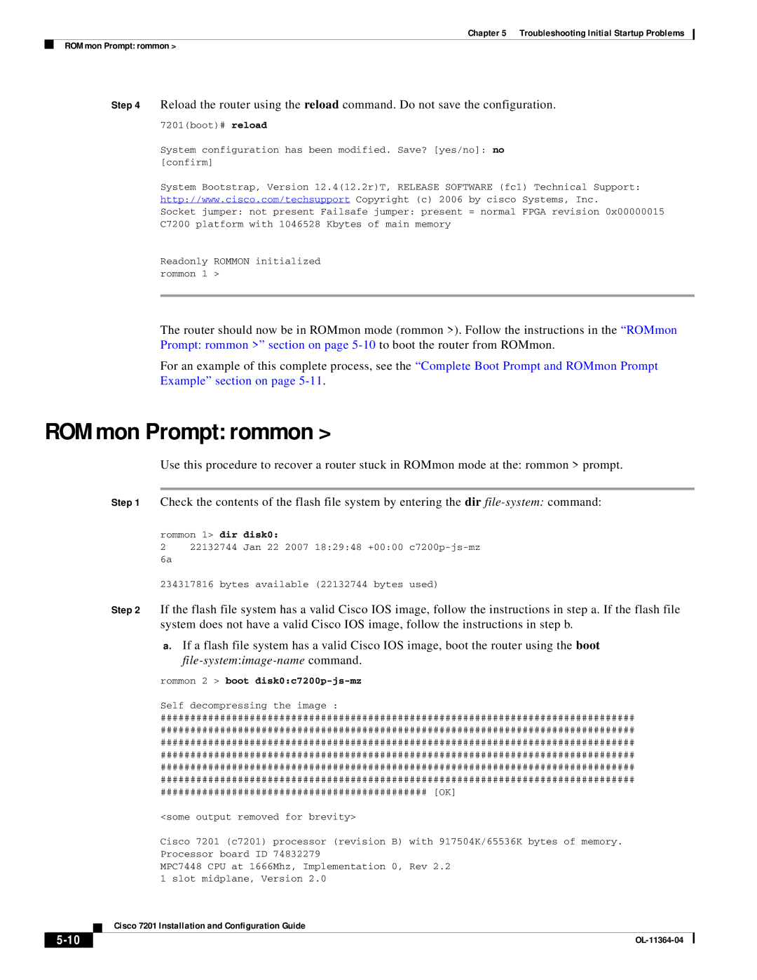 Cisco Systems CISCO7201 manual ROMmon Prompt rommon, Rommon 2 boot disk0c7200p-js-mz 