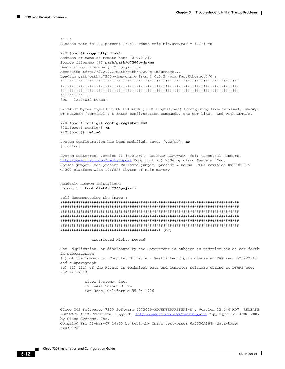 Cisco Systems CISCO7201 manual Readonly Rommon initialized rommon 1 boot disk0c7200p-js-mz 