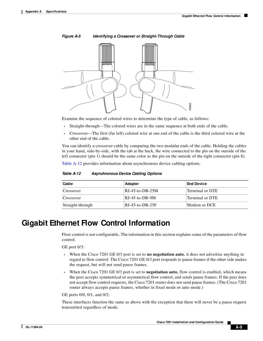 Cisco Systems CISCO7201 manual Gigabit Ethernet Flow Control Information, Cable Adapter End Device 