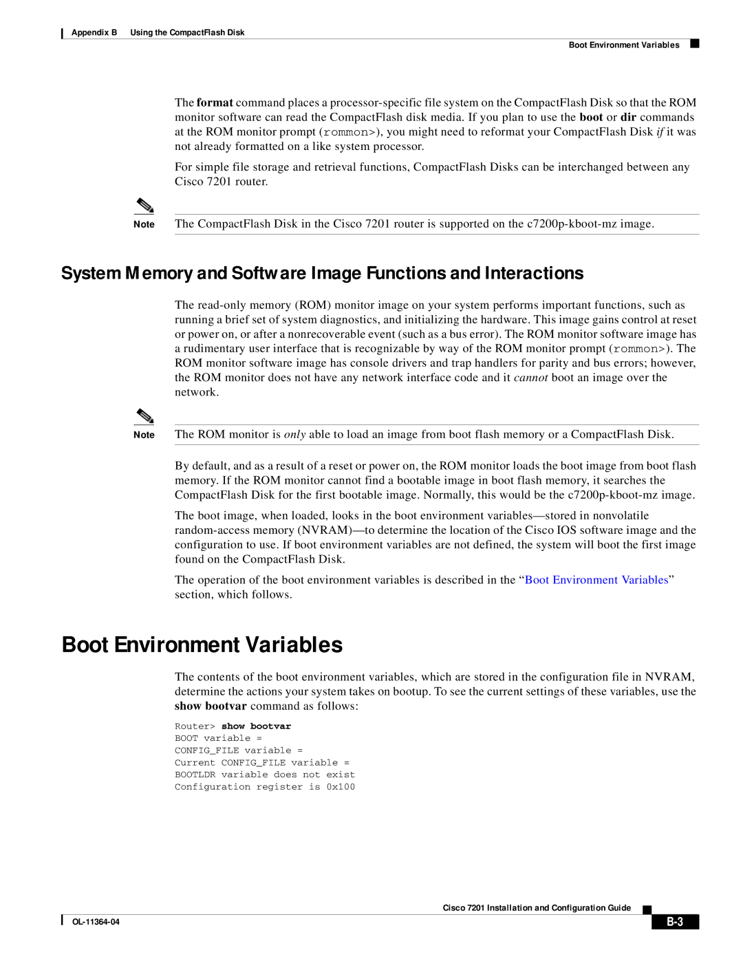 Cisco Systems CISCO7201 manual Boot Environment Variables, System Memory and Software Image Functions and Interactions 