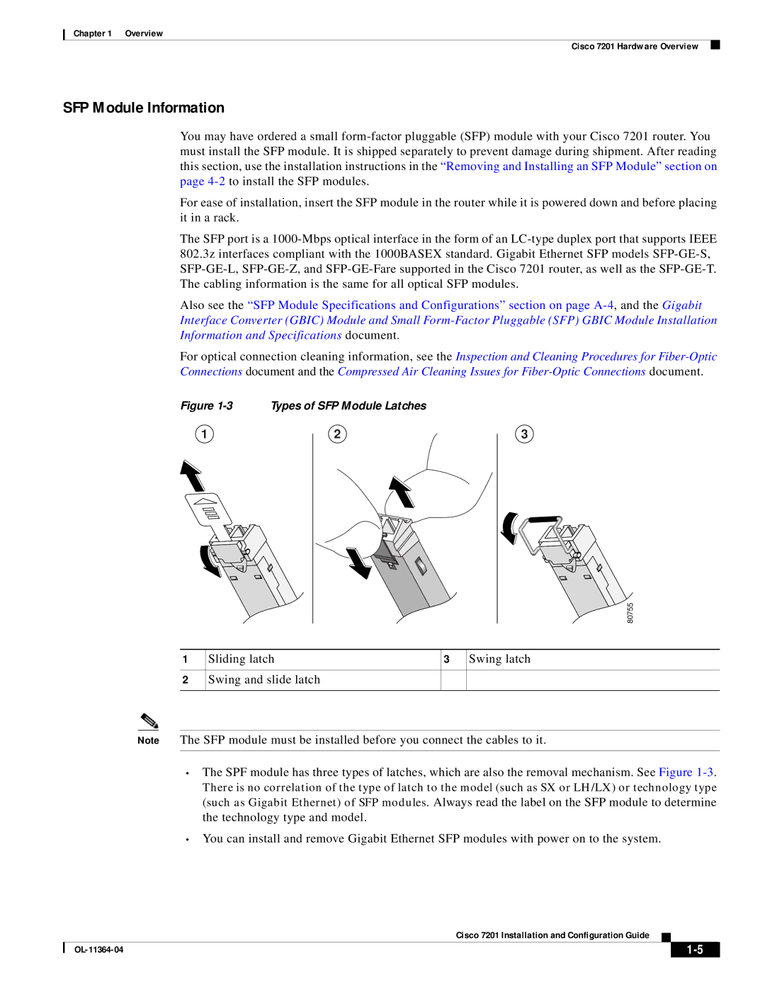 Cisco Systems CISCO7201 manual SFP Module Information, Types of SFP Module Latches 