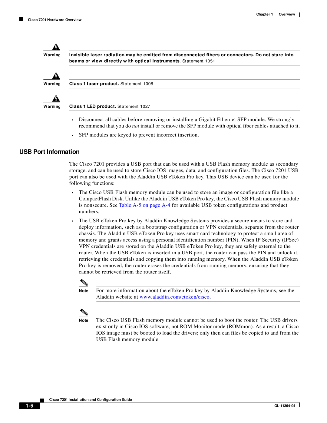 Cisco Systems CISCO7201 manual USB Port Information 