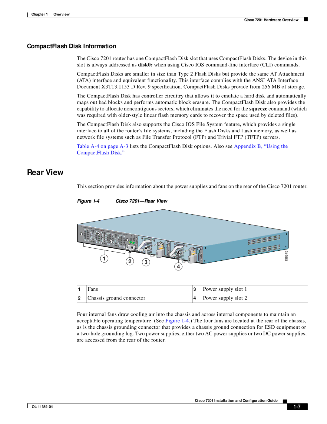 Cisco Systems CISCO7201 manual Rear View, CompactFlash Disk Information 