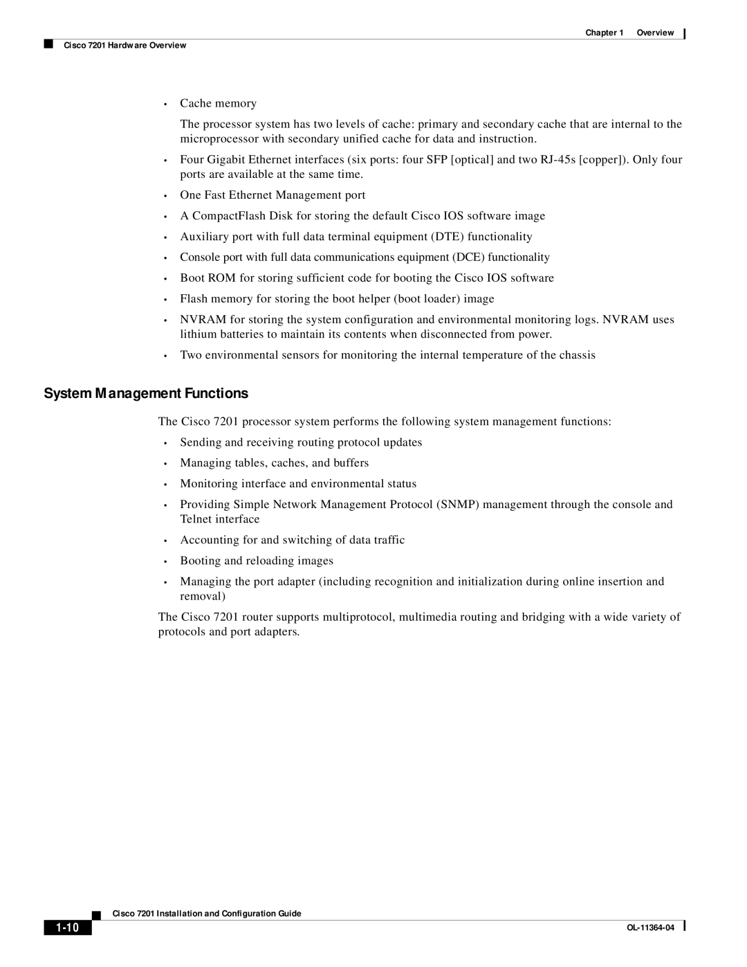 Cisco Systems CISCO7201 manual System Management Functions 