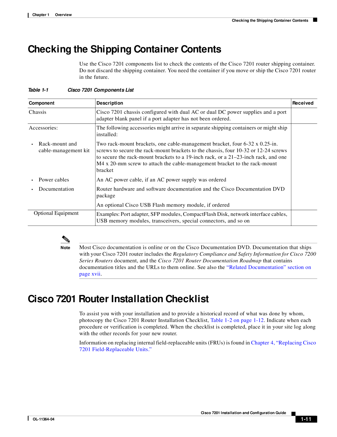 Cisco Systems CISCO7201 manual Checking the Shipping Container Contents, Cisco 7201 Router Installation Checklist 