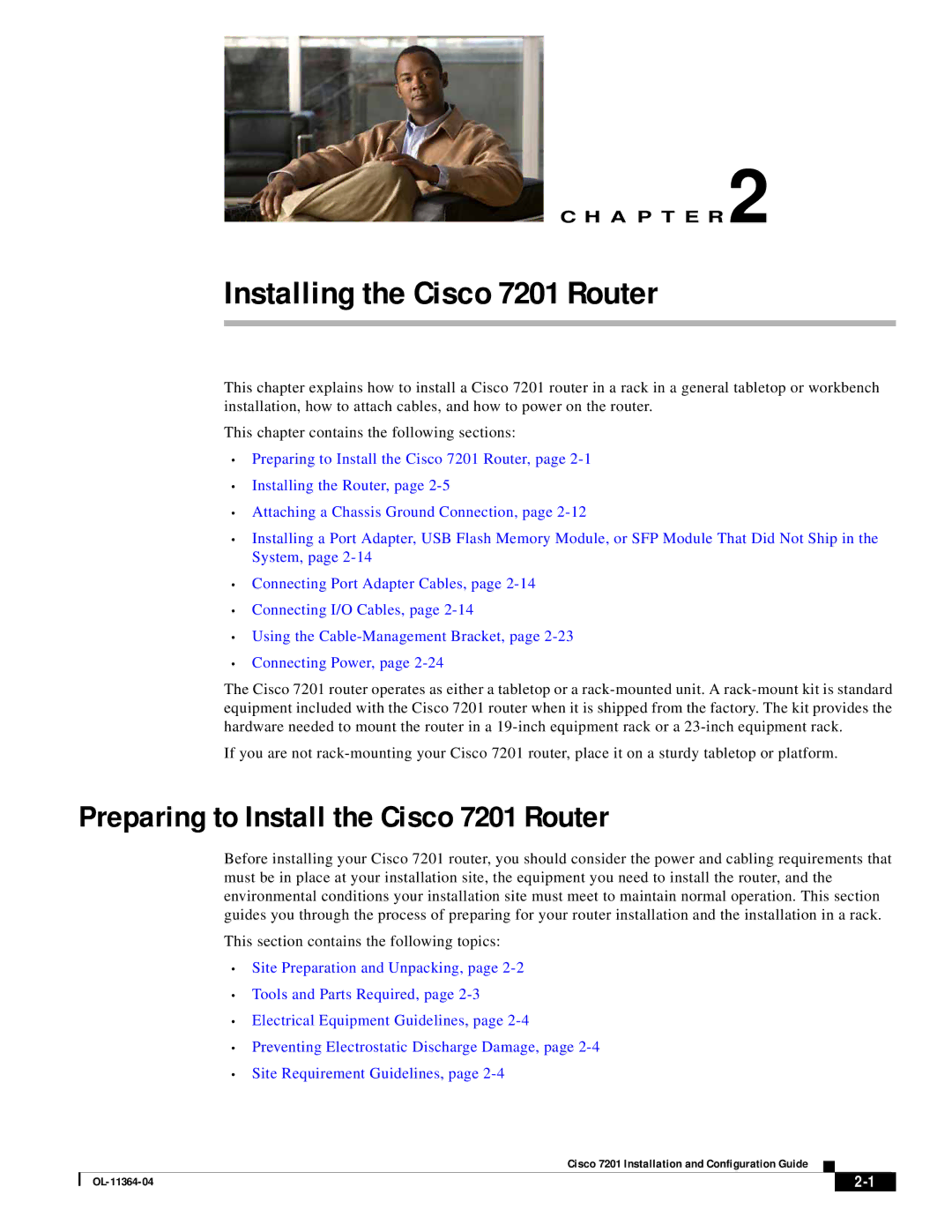 Cisco Systems CISCO7201 manual Installing the Cisco 7201 Router, Preparing to Install the Cisco 7201 Router 