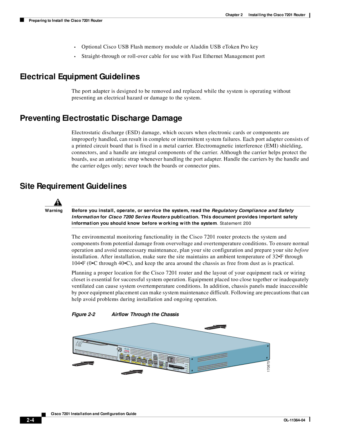 Cisco Systems CISCO7201 manual Electrical Equipment Guidelines, Preventing Electrostatic Discharge Damage 