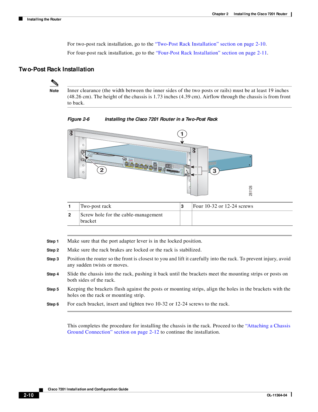 Cisco Systems CISCO7201 manual Two-Post Rack Installation, Installing the Cisco 7201 Router in a Two-Post Rack 