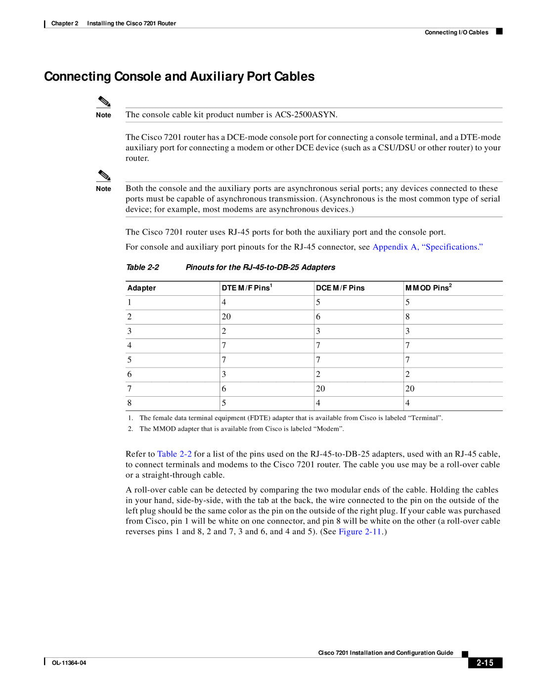 Cisco Systems CISCO7201 manual Connecting Console and Auxiliary Port Cables, Adapter DTE M/F Pins DCE M/F Pins Mmod Pins 