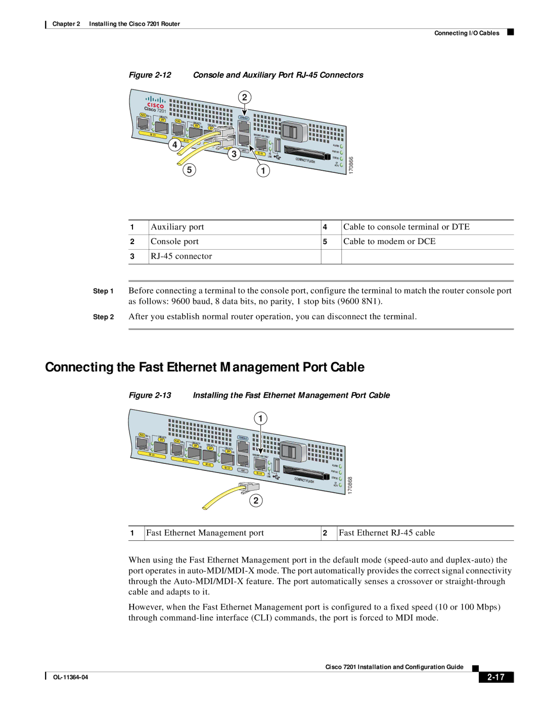 Cisco Systems CISCO7201 manual Connecting the Fast Ethernet Management Port Cable 