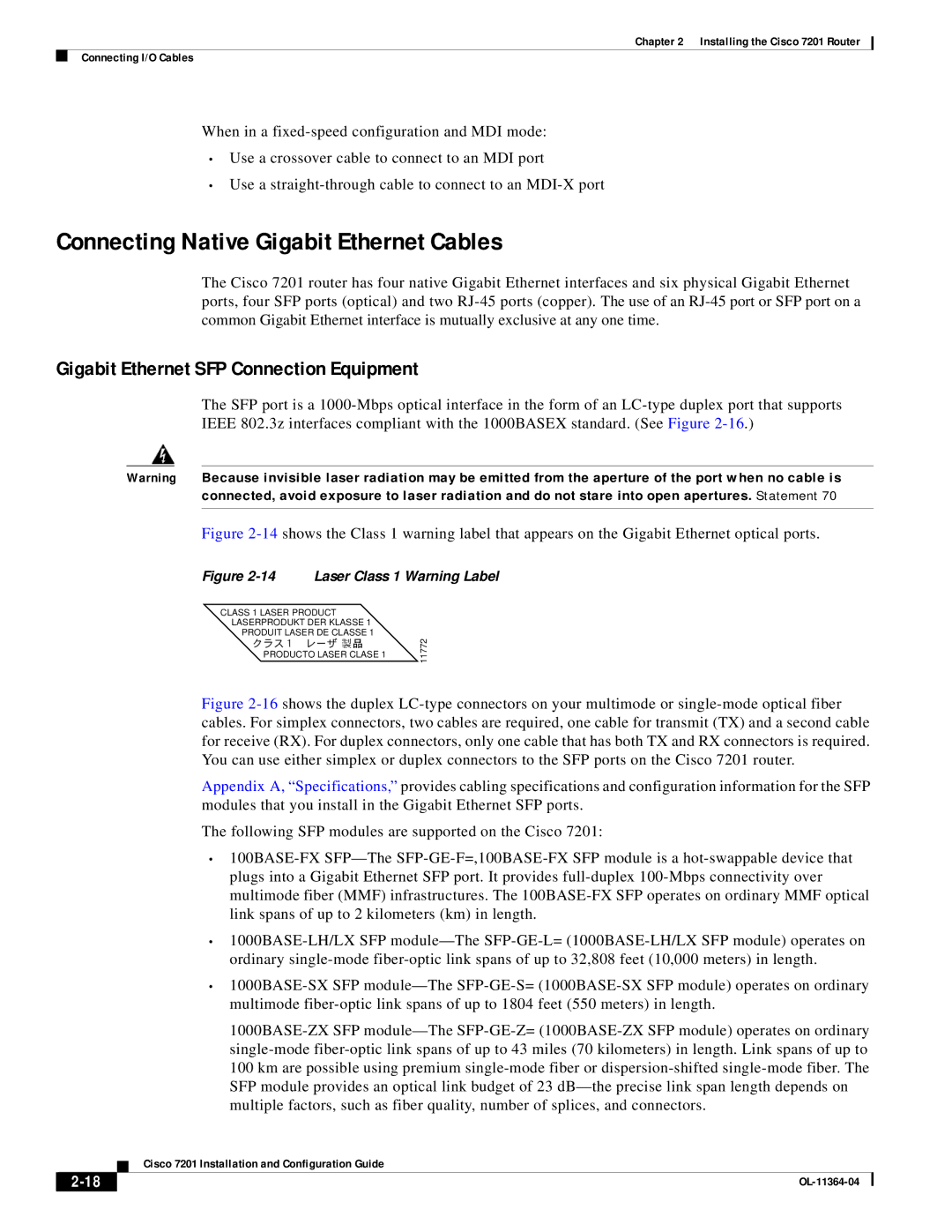 Cisco Systems CISCO7201 manual Connecting Native Gigabit Ethernet Cables, Gigabit Ethernet SFP Connection Equipment 