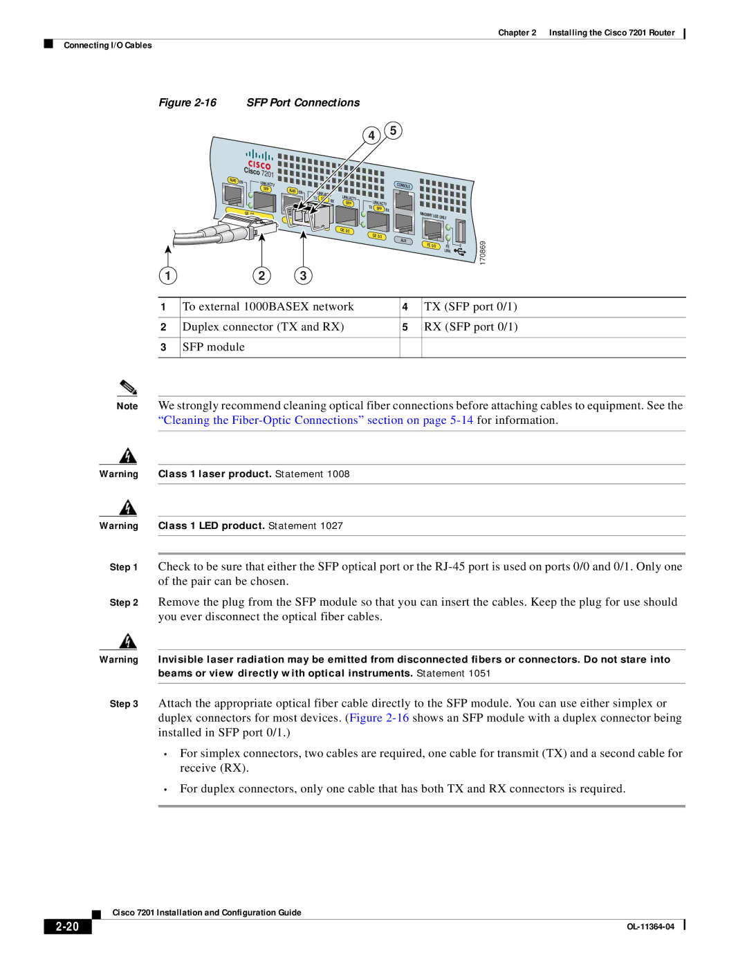 Cisco Systems CISCO7201 manual SFP Port Connections 