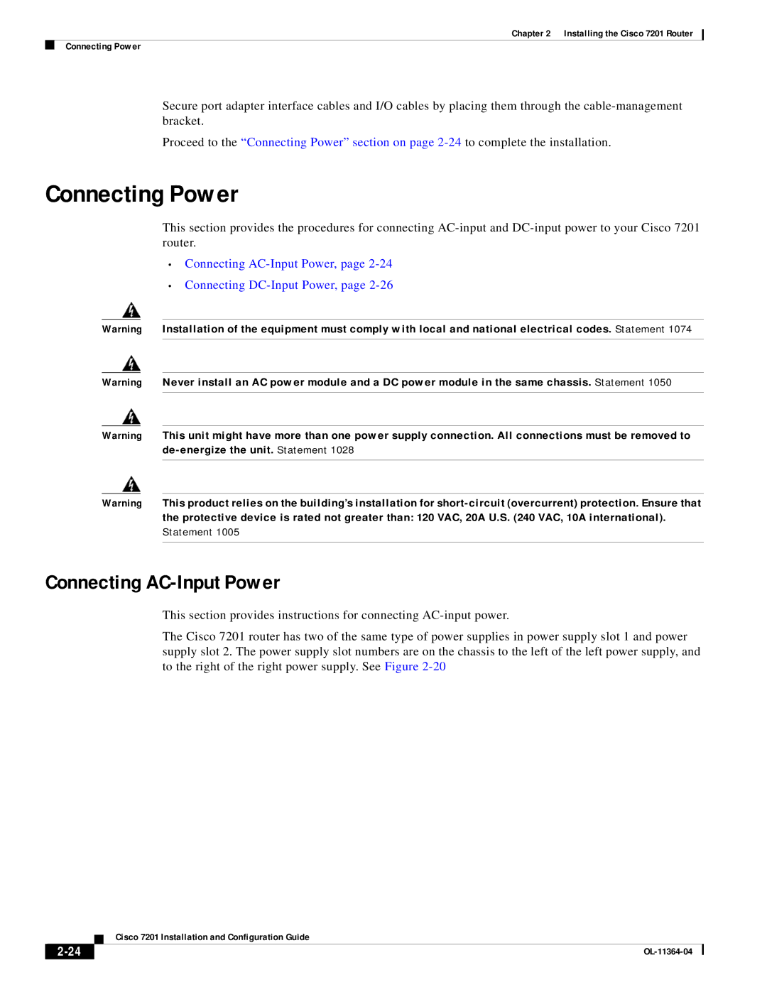 Cisco Systems CISCO7201 manual Connecting Power, Connecting AC-Input Power 