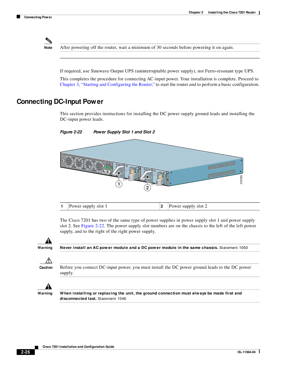 Cisco Systems CISCO7201 manual Connecting DC-Input Power, Power Supply Slot 1 and Slot 