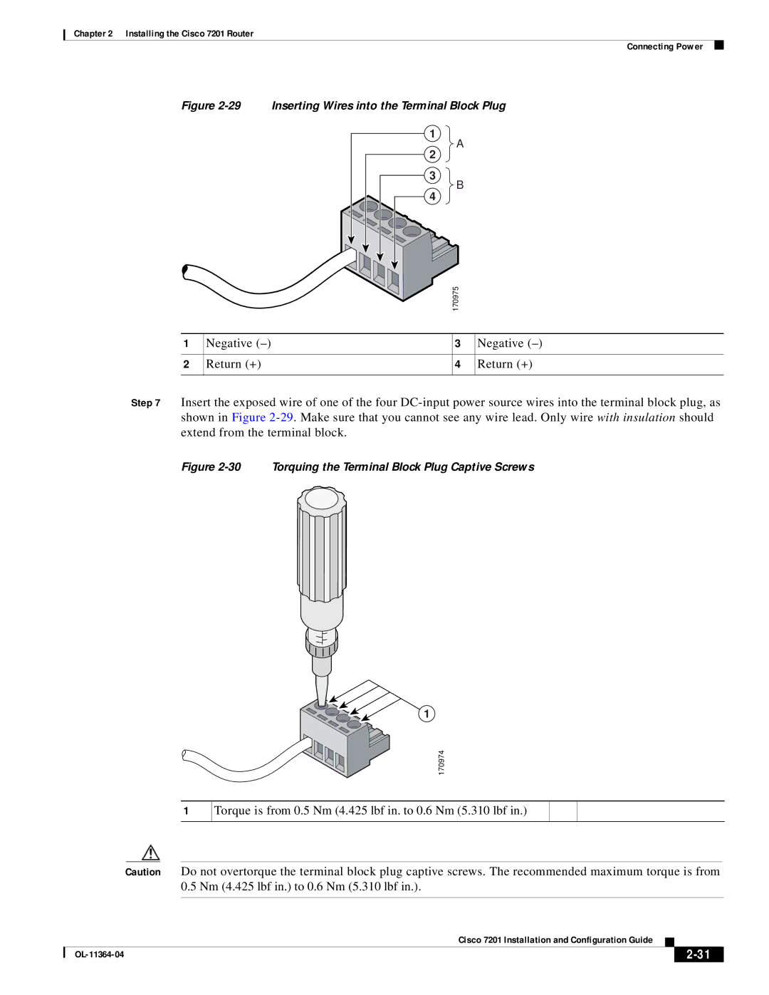 Cisco Systems CISCO7201 manual Negative Return +, Inserting Wires into the Terminal Block Plug 