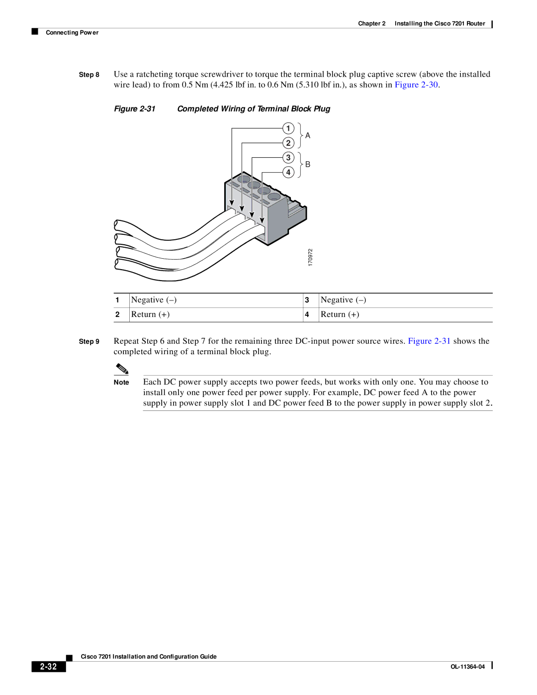 Cisco Systems CISCO7201 manual Completed Wiring of Terminal Block Plug 