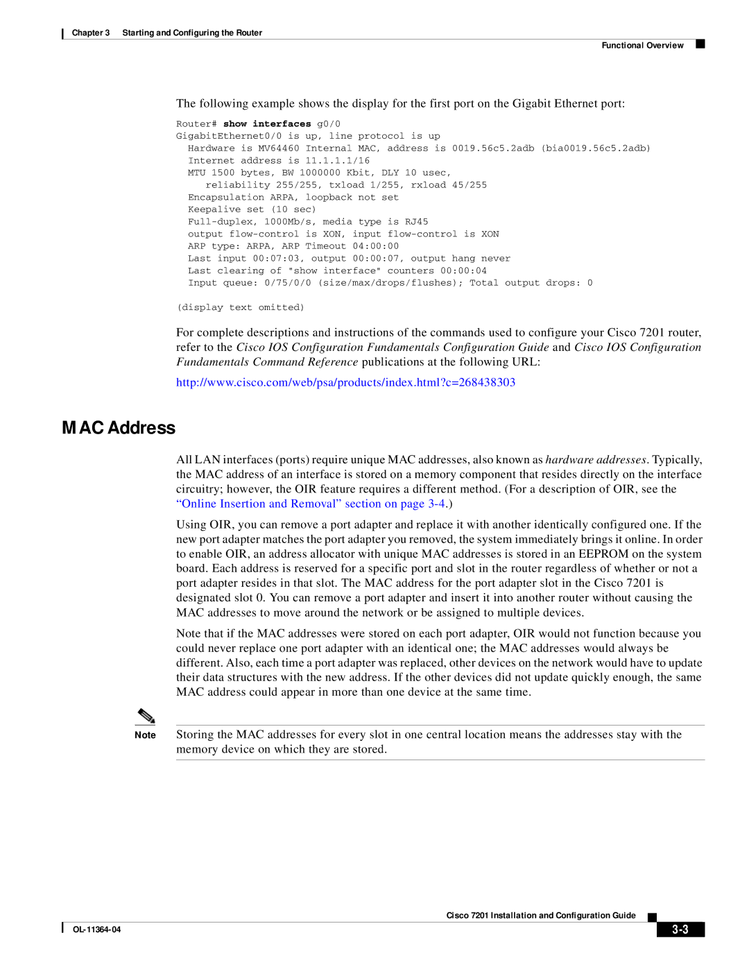 Cisco Systems CISCO7201 manual MAC Address 