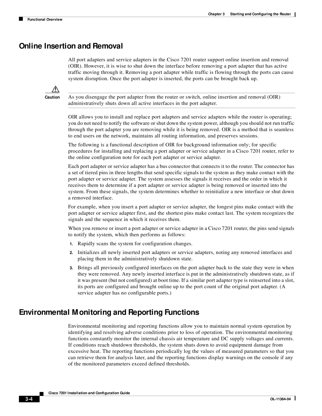 Cisco Systems CISCO7201 manual Online Insertion and Removal, Environmental Monitoring and Reporting Functions 