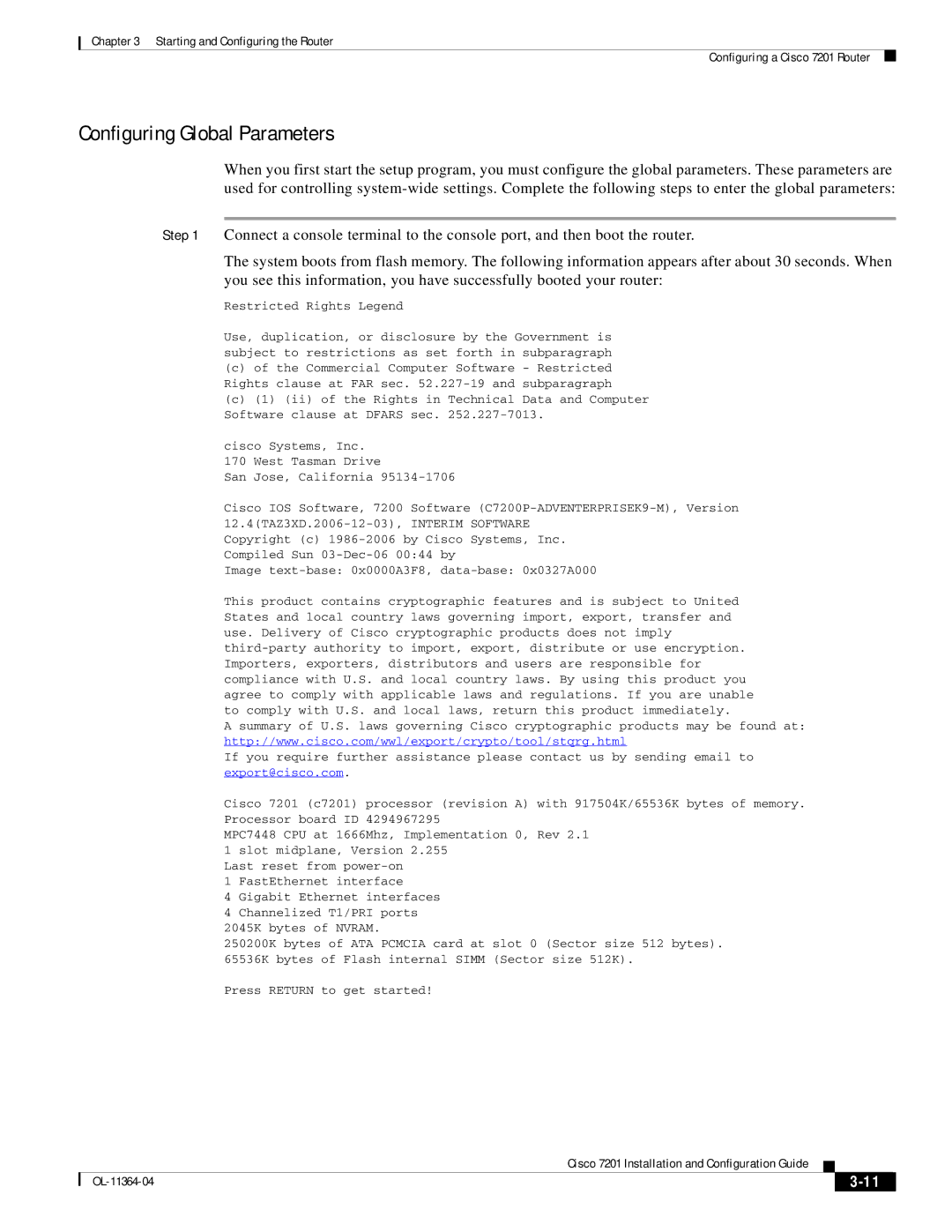 Cisco Systems CISCO7201 manual Configuring Global Parameters, Restricted Rights Legend 