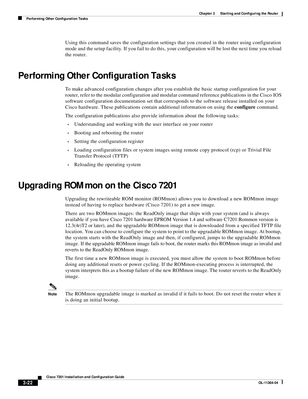 Cisco Systems CISCO7201 manual Performing Other Configuration Tasks, Upgrading ROMmon on the Cisco 