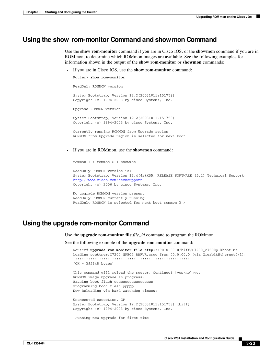 Cisco Systems CISCO7201 Using the show rom-monitor Command and showmon Command, Using the upgrade rom-monitor Command 