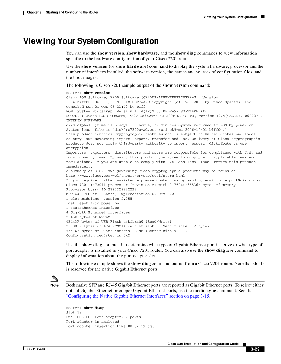 Cisco Systems CISCO7201 manual Viewing Your System Configuration, Router# show version, Diag 