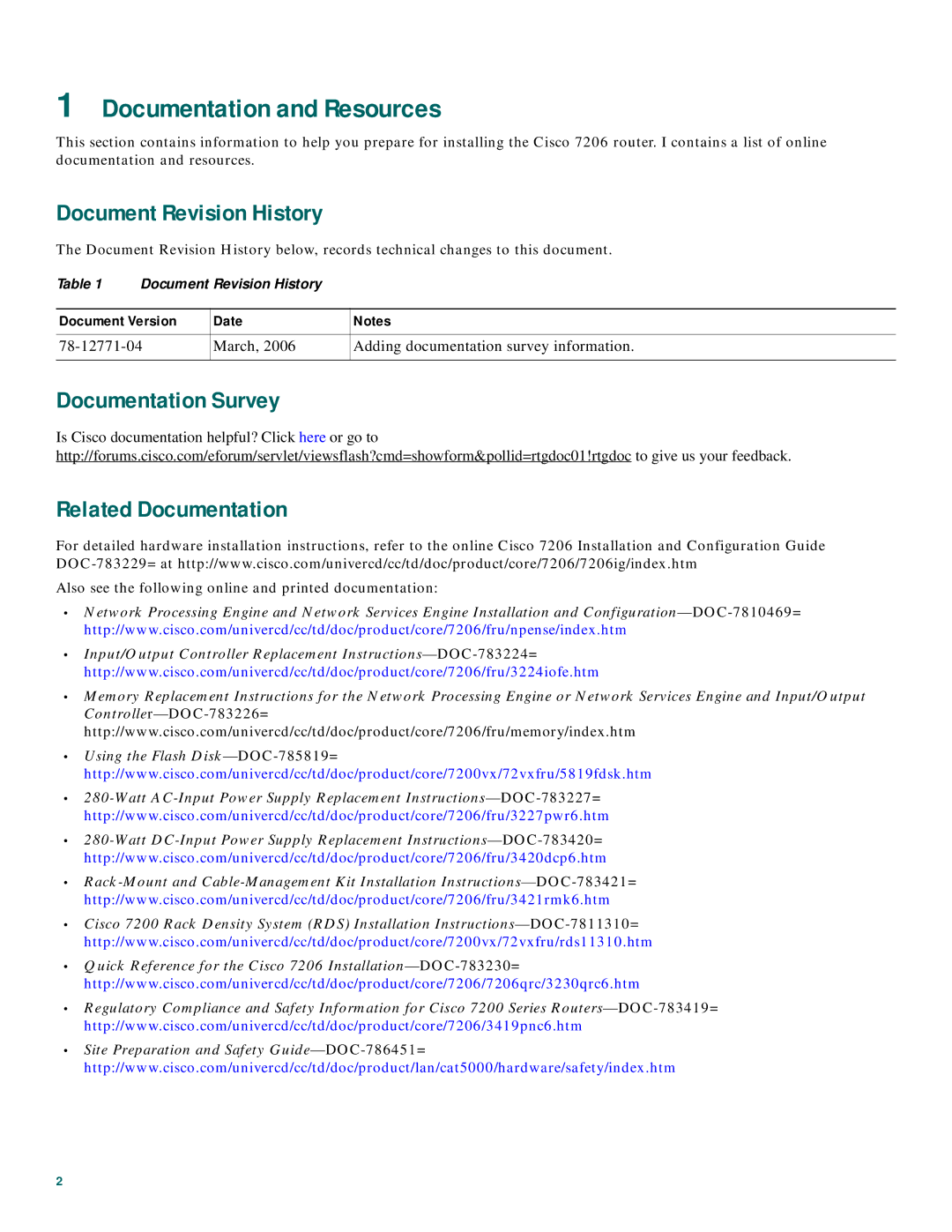 Cisco Systems CISCO7206 quick start Documentation and Resources, Document Revision History, Documentation Survey 