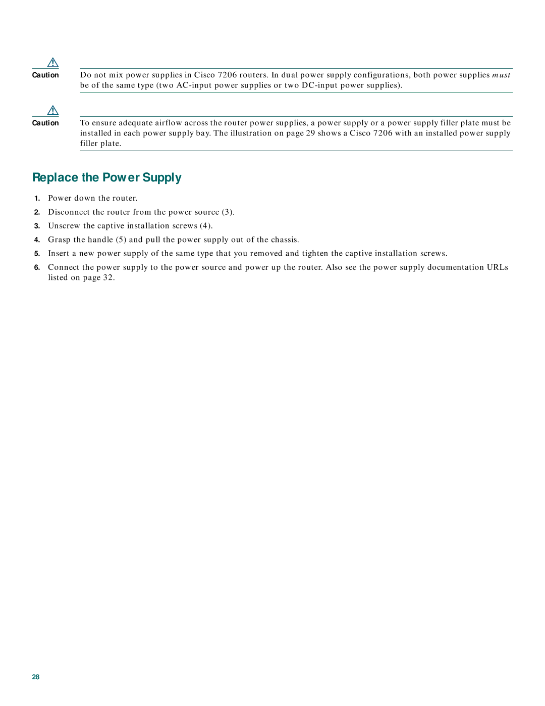 Cisco Systems CISCO7206 quick start Replace the Power Supply 