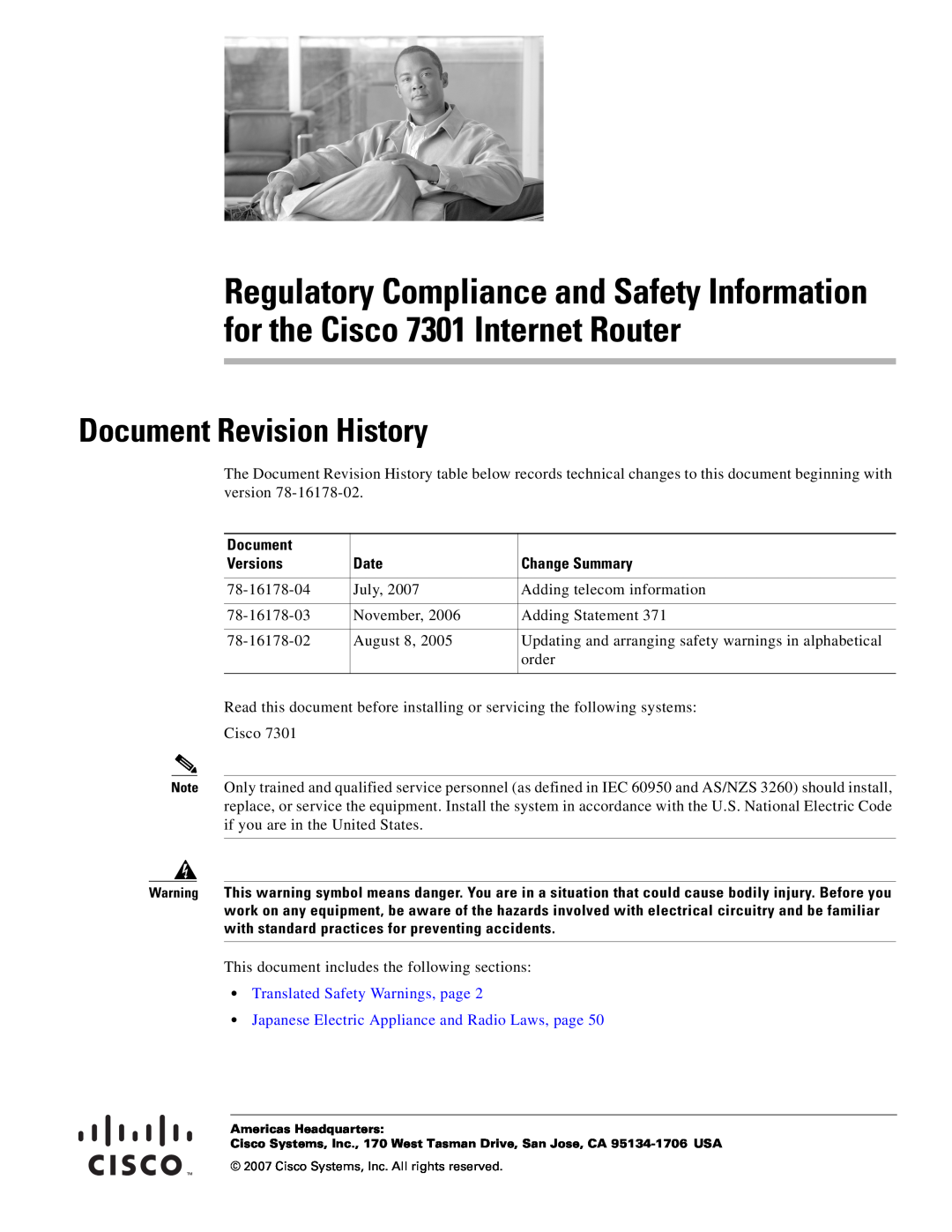Cisco Systems CISCO7301 manual Document Revision History, Versions, Date, Change Summary 
