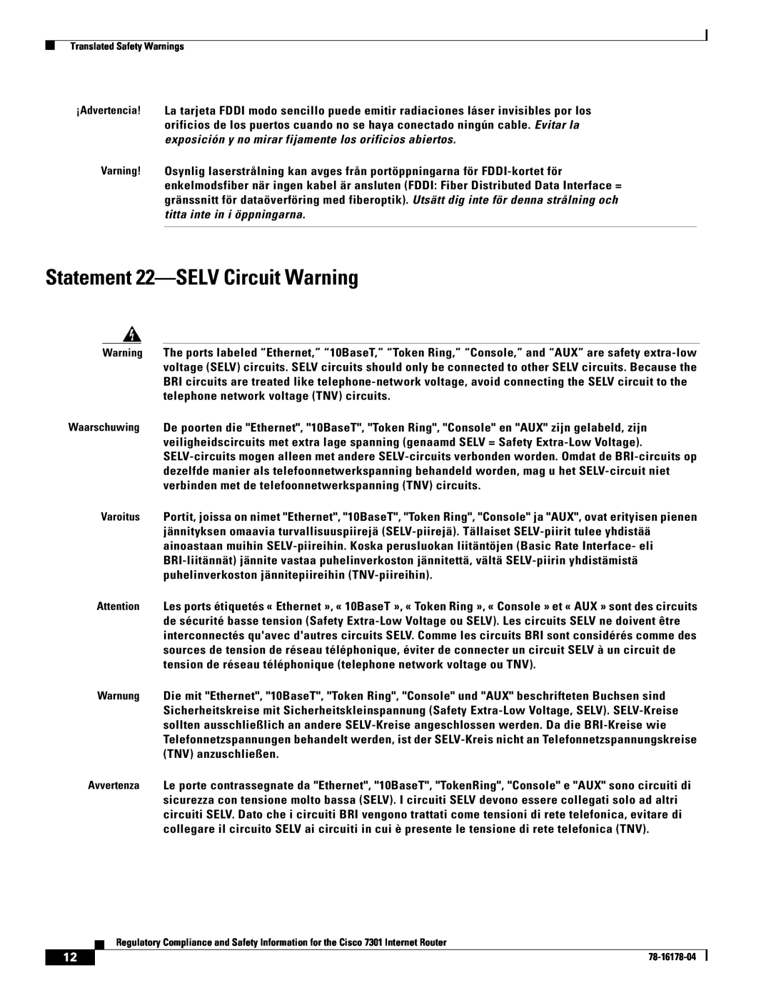 Cisco Systems CISCO7301 manual Statement 22-SELV Circuit Warning 