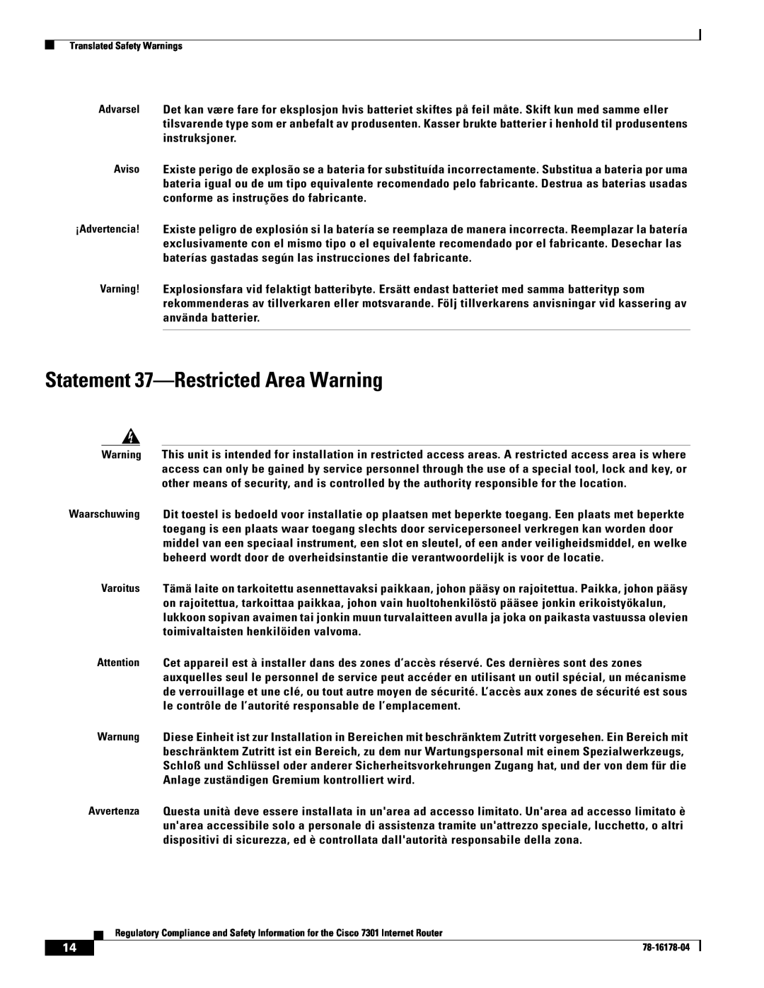 Cisco Systems CISCO7301 manual Statement 37-Restricted Area Warning 