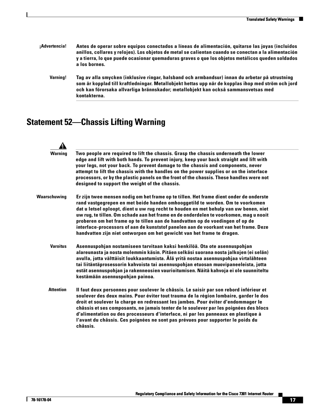 Cisco Systems CISCO7301 manual Statement 52-Chassis Lifting Warning 
