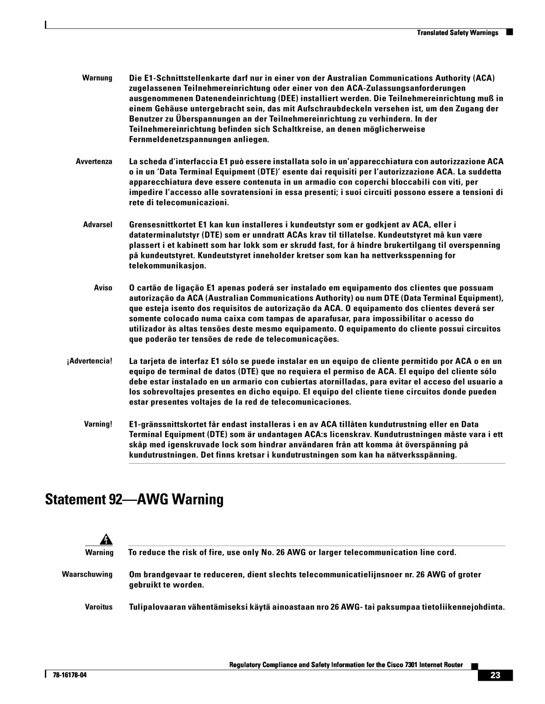 Cisco Systems CISCO7301 manual Statement 92-AWG Warning 