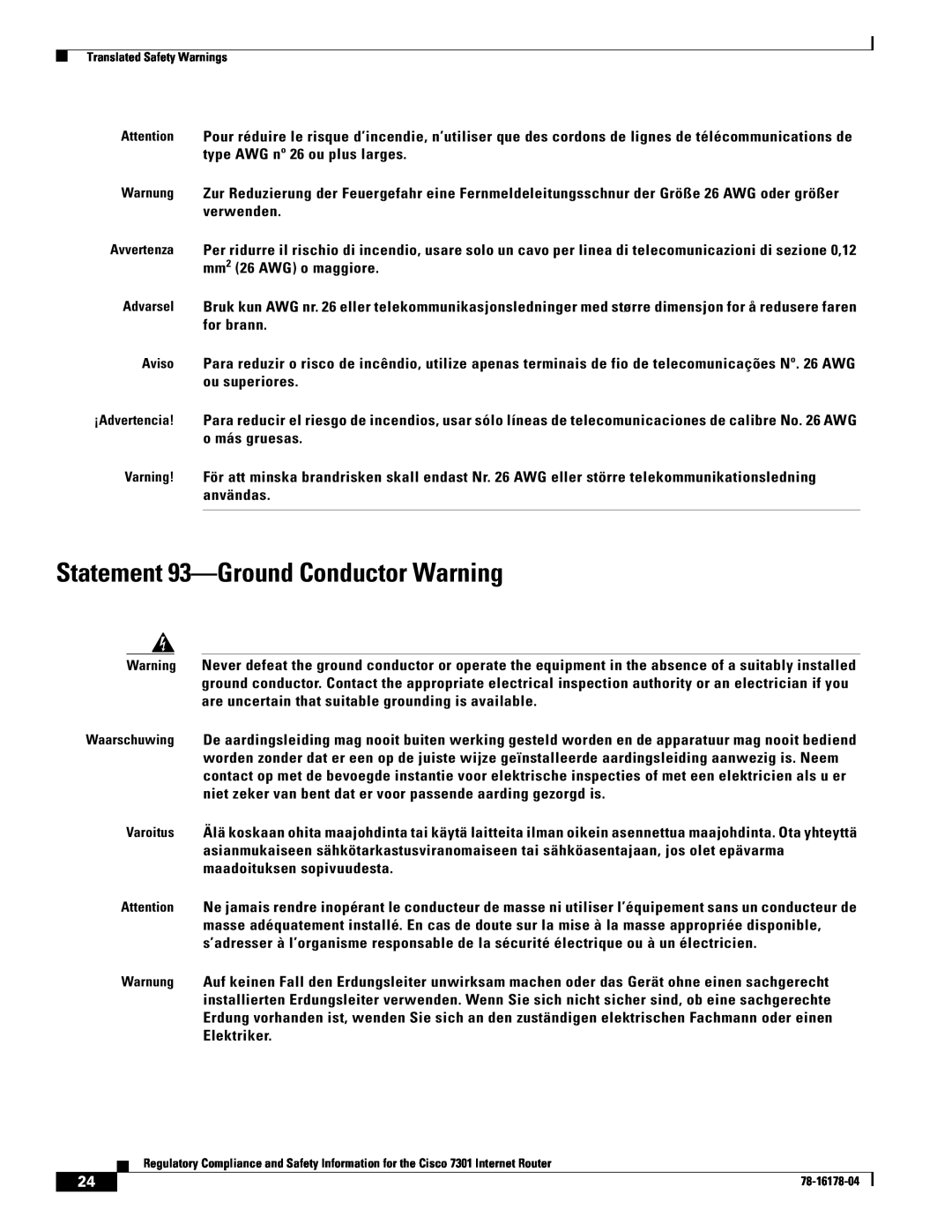 Cisco Systems CISCO7301 manual Statement 93-Ground Conductor Warning 