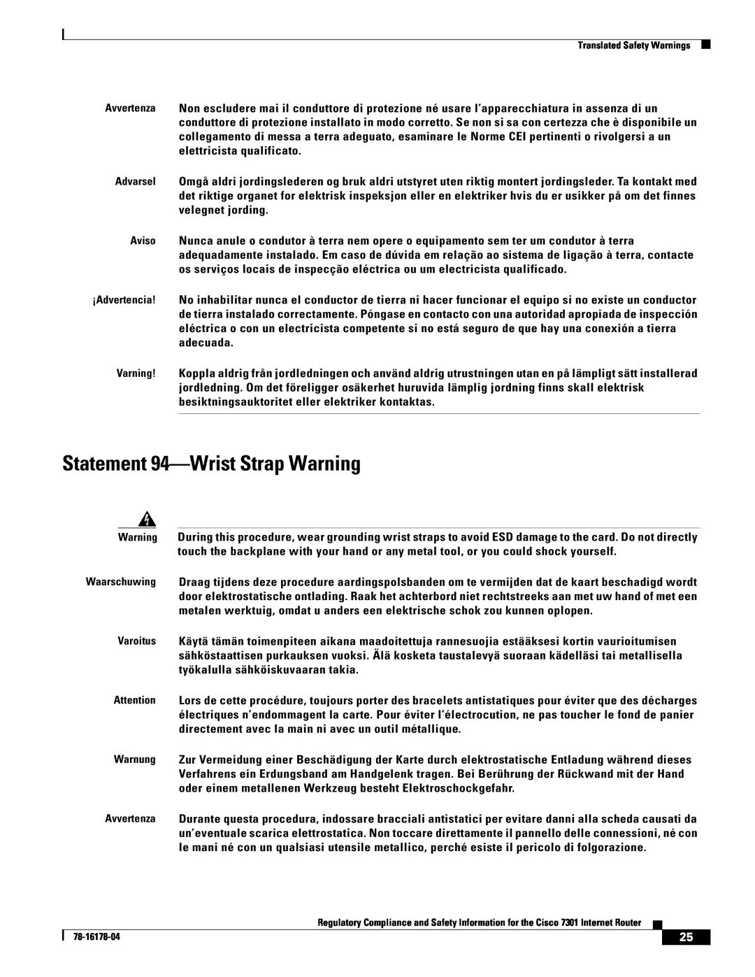 Cisco Systems CISCO7301 manual Statement 94-Wrist Strap Warning 