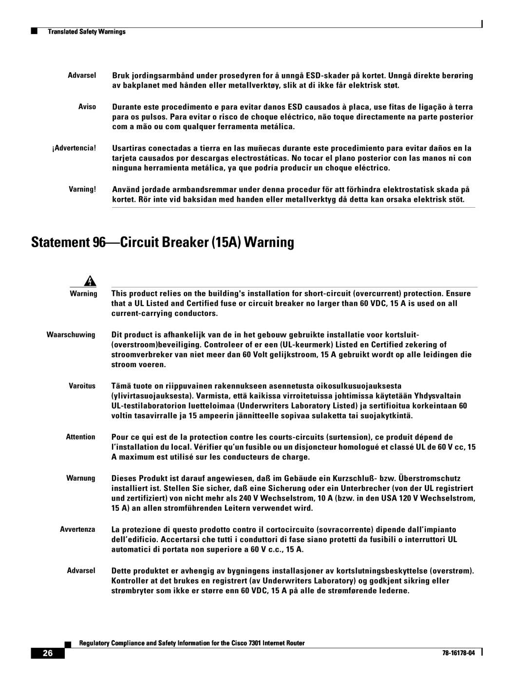 Cisco Systems CISCO7301 manual Statement 96-Circuit Breaker 15A Warning 