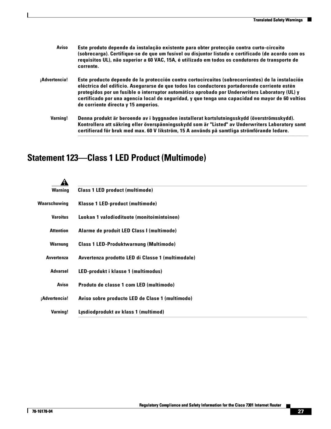 Cisco Systems CISCO7301 manual Statement 123-Class 1 LED Product Multimode 
