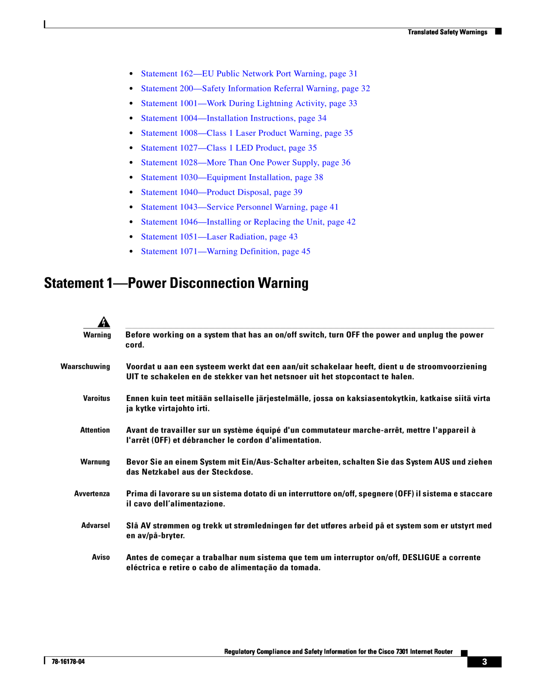 Cisco Systems CISCO7301 manual Statement 1-Power Disconnection Warning 