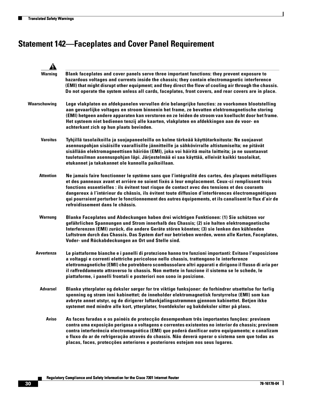 Cisco Systems CISCO7301 manual Statement 142-Faceplates and Cover Panel Requirement 