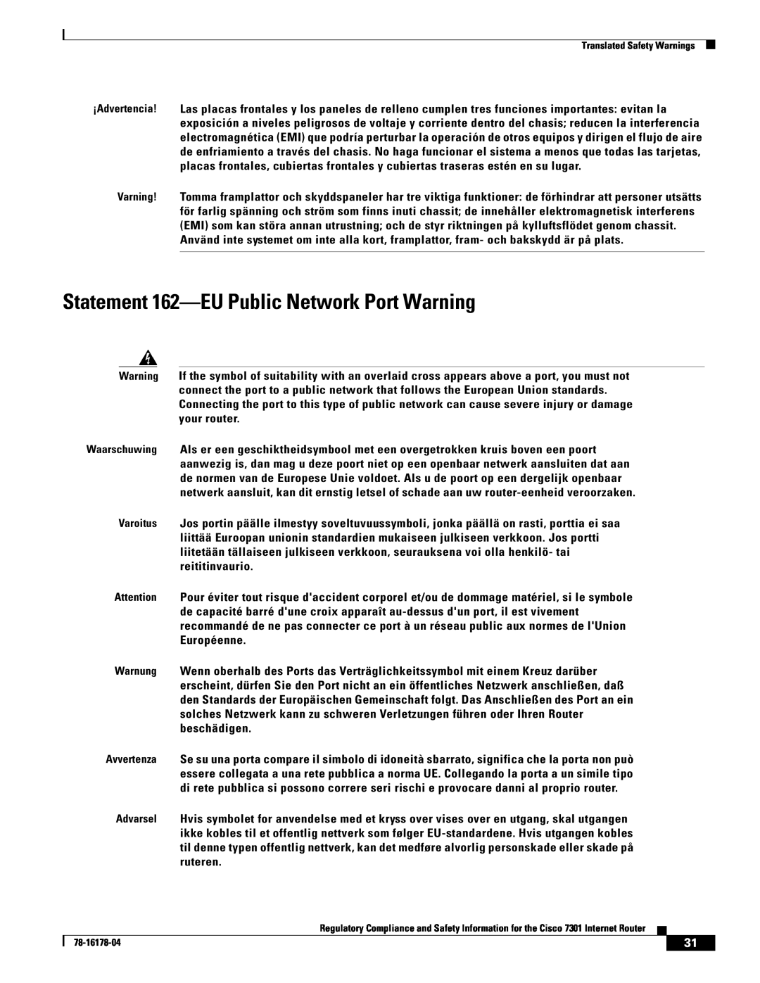 Cisco Systems CISCO7301 manual Statement 162-EU Public Network Port Warning 