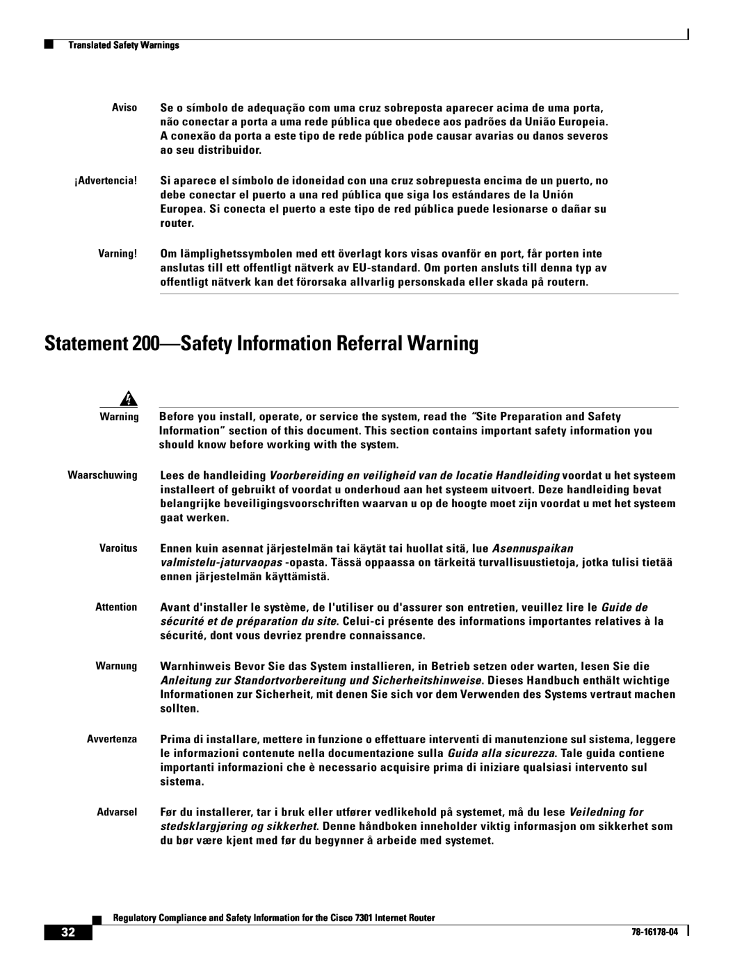 Cisco Systems CISCO7301 manual Statement 200-Safety Information Referral Warning 