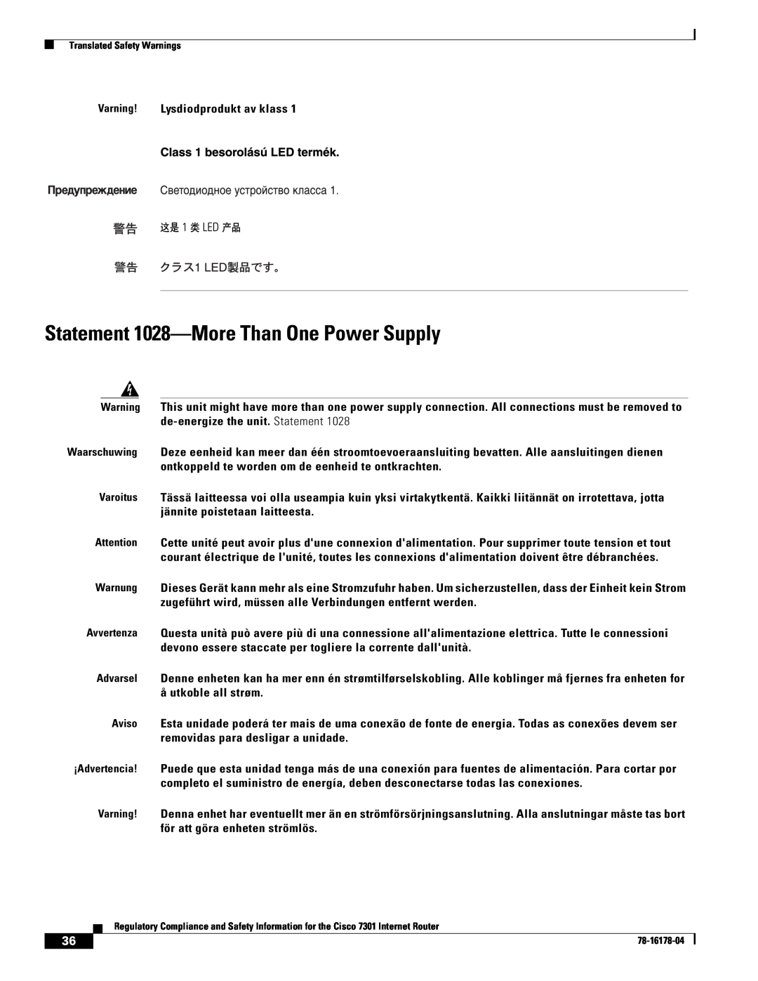 Cisco Systems CISCO7301 manual Statement 1028-More Than One Power Supply 