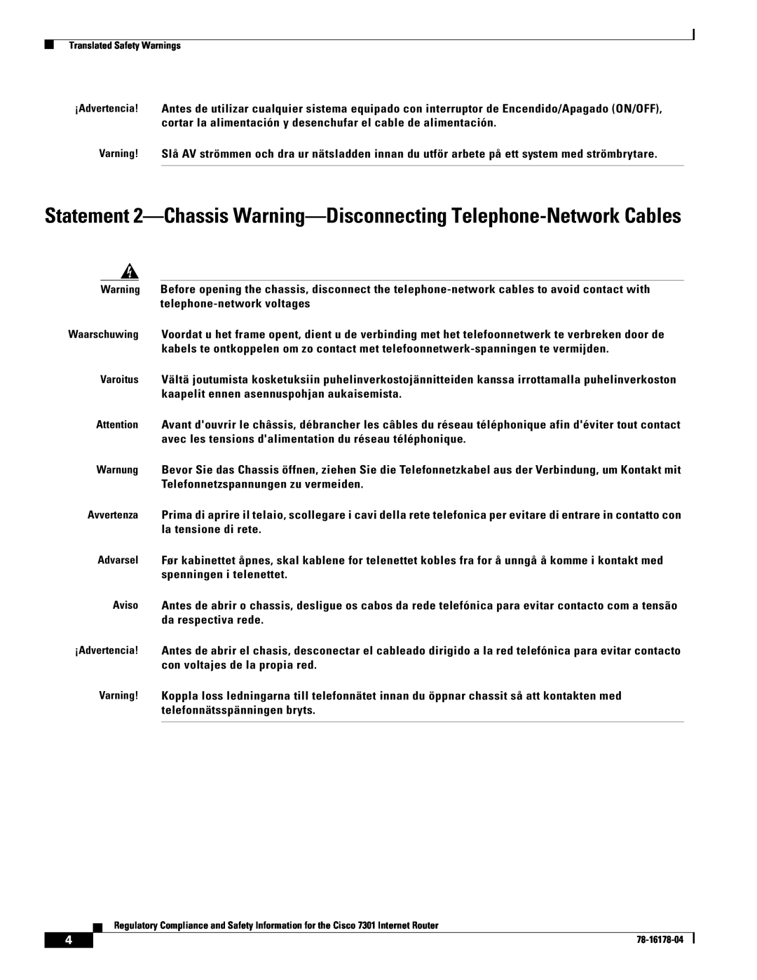 Cisco Systems CISCO7301 manual Statement 2-Chassis Warning-Disconnecting Telephone-Network Cables 